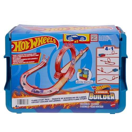 Hot Wheels - Hot Wheels pista tema fuoco e 1 macchinina, 16 pezzi di pista e componenti per acrobazie in confezione impilabile, giocattolo per bambini 4+ Anni, HMC04
