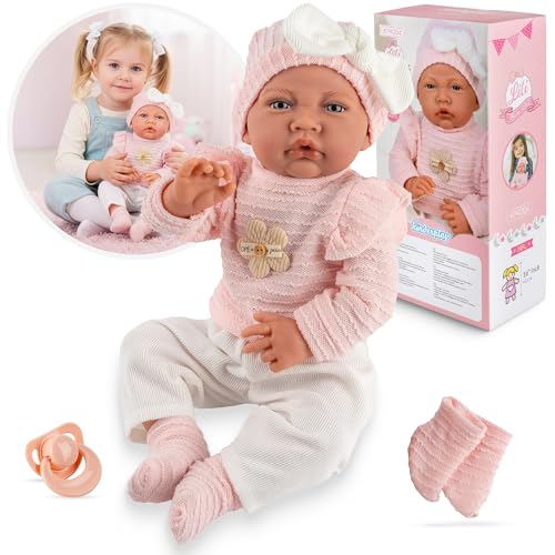 Kinderplay Lili KP4204 - Bambola per neonato, 41 cm, con funzione sonora e ciuccio, abbigliamento rosa, lavabile, bambola interattiva dai 3 anni in su, CE, modello KP4204