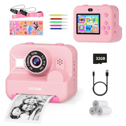 Macchina Fotografica Bambini Istantanea, 2,4 Pollici 1080P Fotocamera Bambini Selfie con Carta da Stampa e 32GB Scheda, Giocattolo Regalo di Natale Bambino e Bambina 3 4 5 6 7 8 Anni (Rosa)