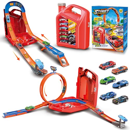 Charmofun Pista Macchinine 2 in1, Giocattolo Piste da Corsa con 6 Auto, Scatola Immagazzinaggio, Piste Macchinine per Bambini con Anello e Binari a U, Portatile Pista per Bambini 3+ Anni (Rosso)