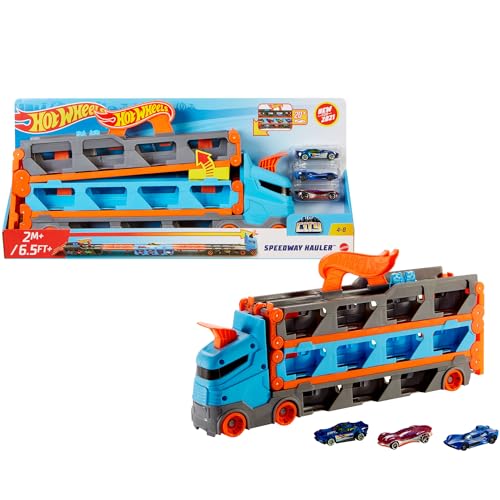 Hot Wheels - Camion Trasportatore 2 in 1, Trasportatore e Pista con 3 Auto in Scala 1:64 per Bambini da 4 a 8 Anni, HGH33, Imballaggio Sostenibile