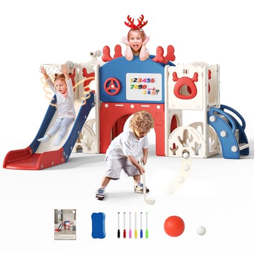 Krovtoy Scivolo per bambini 7 in 1, scivolo per bambini a tema alce natalizio con set da golf, scivolo da 1 a 3 anni (Alce -Rosso e blu 7 in1)