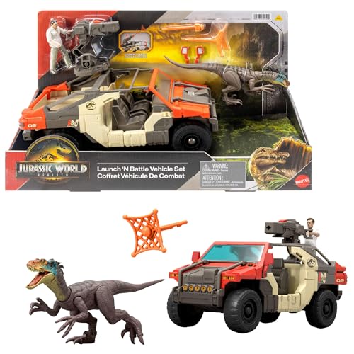 ​Mattel Jurassic World La Rinascita, veicolo con 1 personaggio umano e 1 dinosauro, camion Lancia e Combatti, personaggio di Martin Krebs e Velociraptor, torretta e 2 proiettili, JGB59