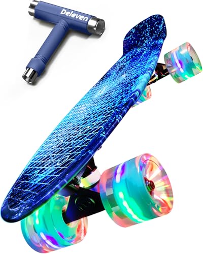 Deleven Skateboard 56cm con Ruote LED, Tool per Skate e Cuscinetti Abec 7 - Per Bambini Principianti Ragazze Ragazzi Adolescenti Adulti