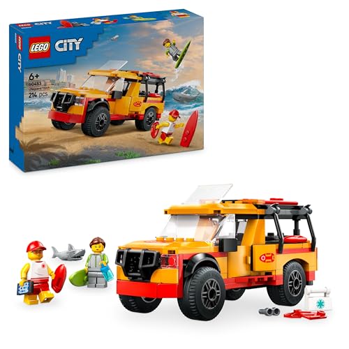 LEGO City Fuoristrada di Soccorso del Bagnino - Jeep Giocattolo da Costruire con 2 Minifigure e Squalo, Giochi per Bambini e Bambine da 6 Anni in su, Idee Regali per gli Amanti della Spiaggia - 60453