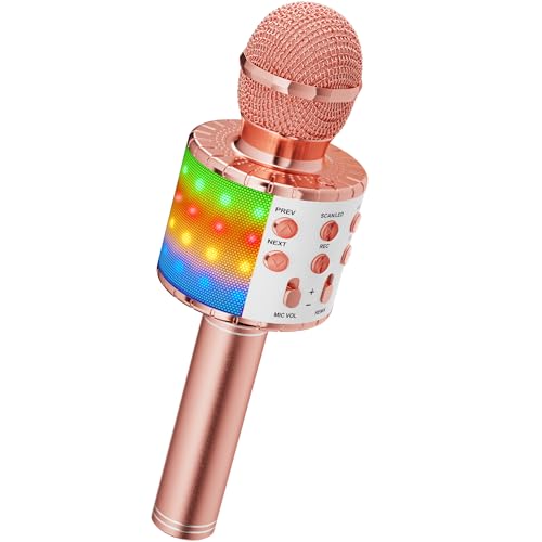 Ankuka Microfono Karaoke Bluetooth Wireless Microfono Bambini Regalo per Bambini 3-12 Anni Microfono Giocattolo Cambia Voce, Compatibile con Android, iOS, PC Oro Rosa