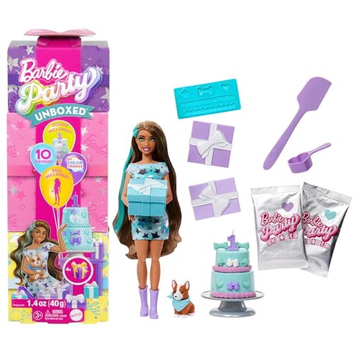 Barbie Party Surprise - Party Stars, bambola con 10 accessori a sopresa, effetto cambia colore e decorazioni per la torta, giocattolo per bambini, 3+ anni, JFG72