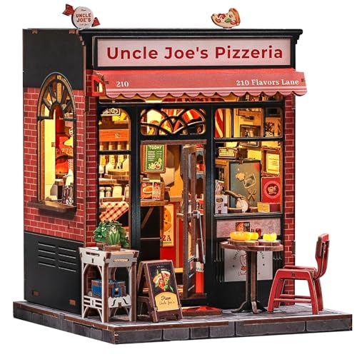 CUTEBEE Book Nook Kit - Miniatura di Casa delle Bambole DIY con Luci LED, Casa in Miniatura a Tema Pizza da Costruire da Soli, Regali (Uncle Joe's Pizzeria)