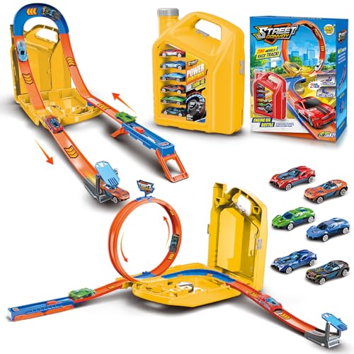 Charmofun Pista Macchinine 2 in1, Giocattolo Piste da Corsa con 6 Auto, Scatola Immagazzinaggio, Piste Macchinine per Bambini con Anello e Binari a U, Portatile Pista per Bambini 3+ Anni (Giallo)