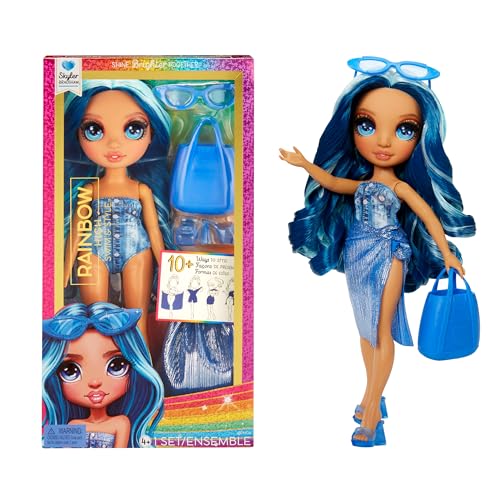 Rainbow High Swim & Style - Skyler (Blu) - Bambola da 28 cm con confezione scintillante e oltre 10 outfit - Costume da bagno rimovibile, sandali, accessori divertenti - Età 4-12 anni